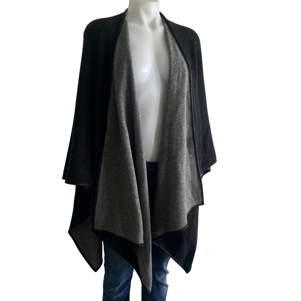 Lafayette 148 NY Reversible Wool Leather Trim Wrap Cloak Cape Gray Black OS
